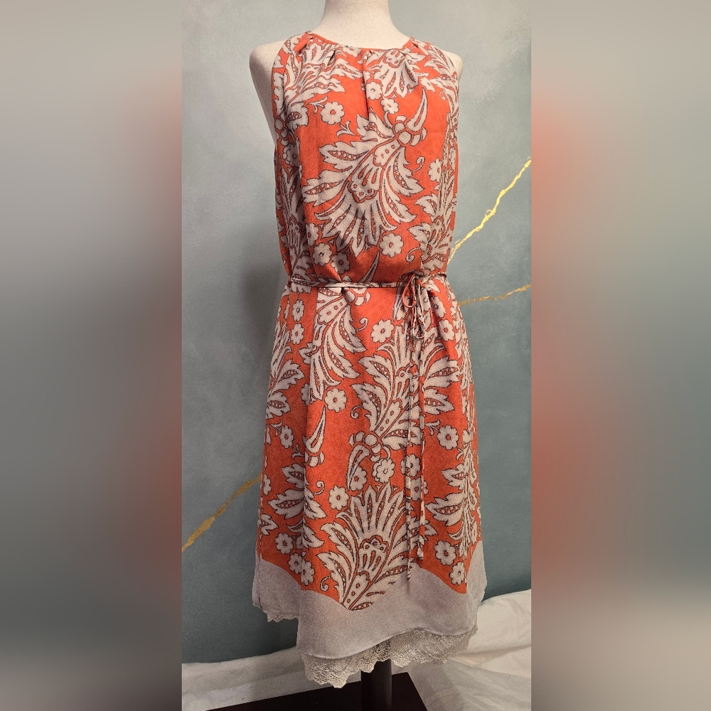 Loft Coral and Cream Floral Sleeveless Slip Sheath Dress Lace Peekaboo Slip 6